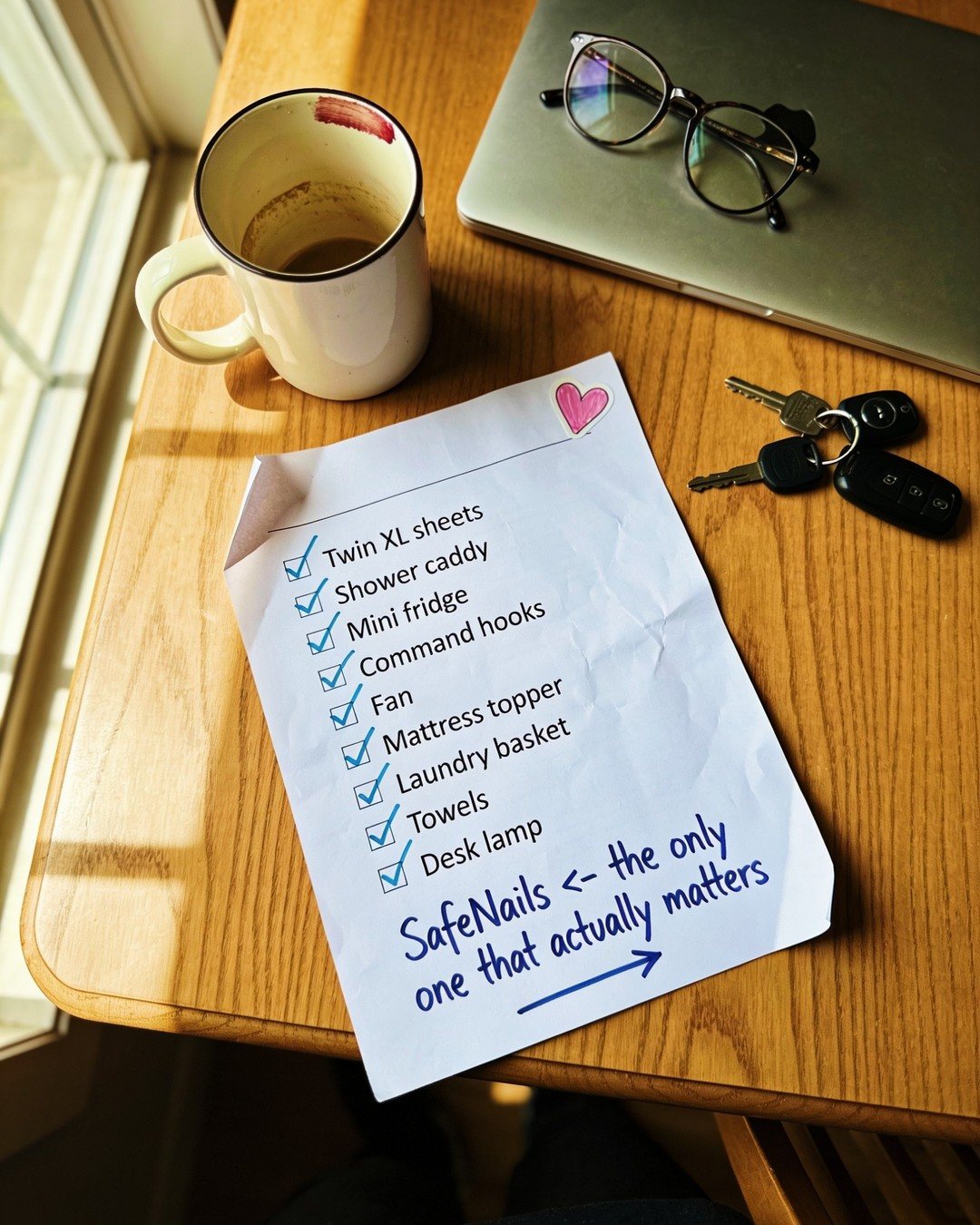 Uni packing list with SafeNails added by hand